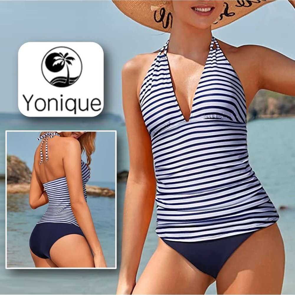 YONIQUE Two Piece Halter Tankini Swimsuits V Neck  🏖️  NEW WITH TAGS!